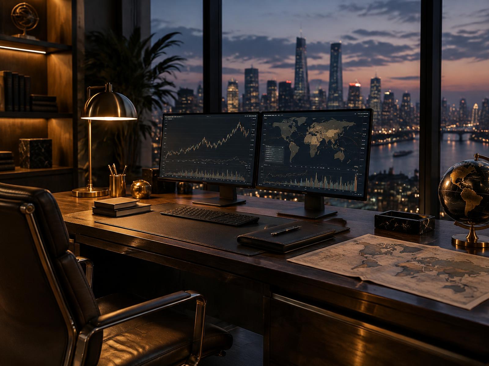 Office workspace at dusk